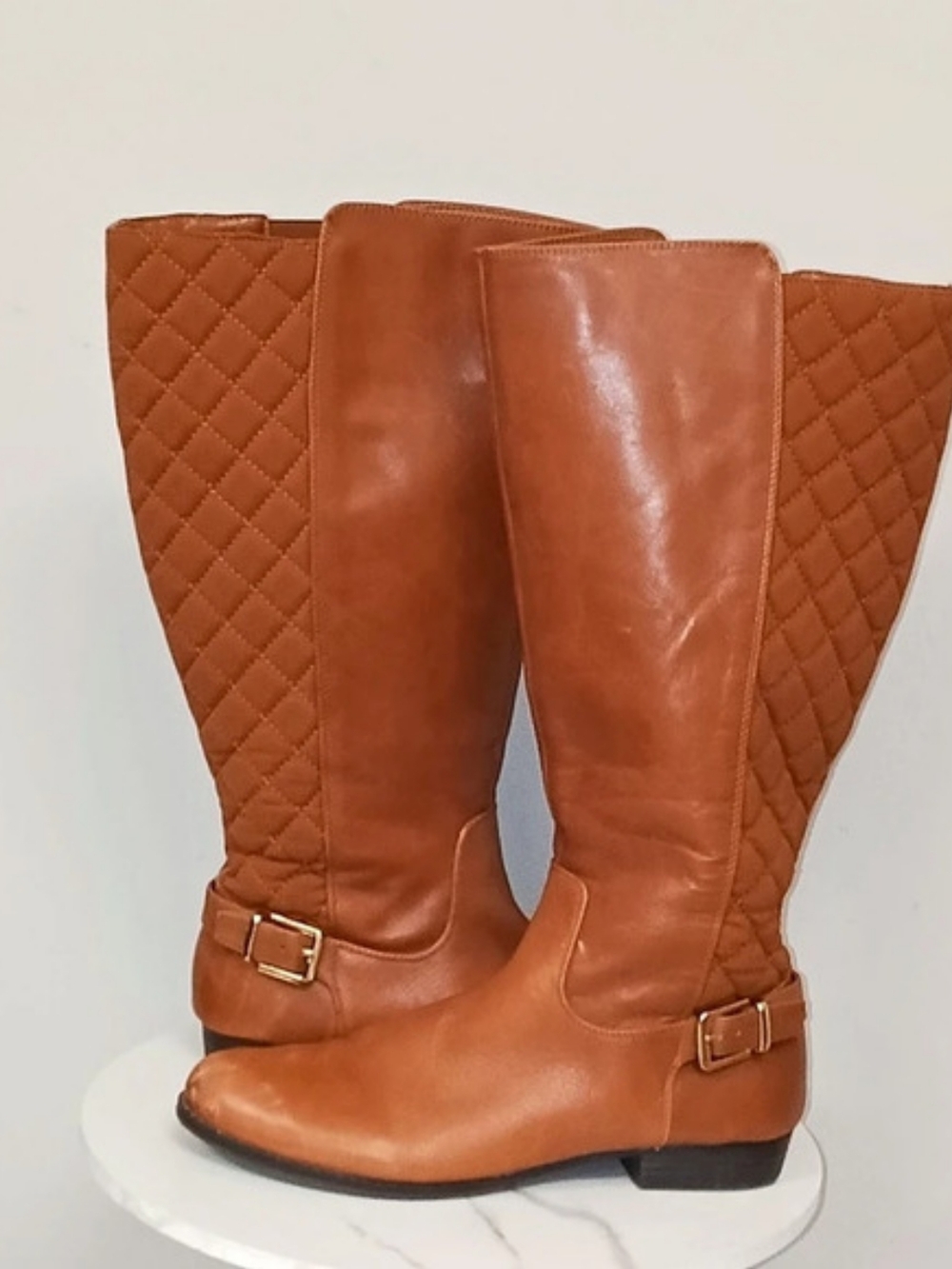Isaac Mizrahi Wide Calf Leather Quilted Riding Boots Brown 9.5 Equestrian